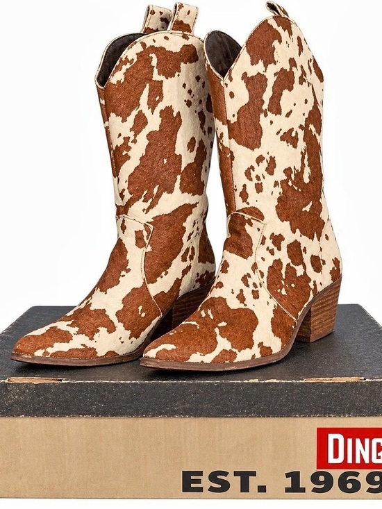dingo Shoes - Dingo Live a Little Cow Print Heeled Western Boots Brown & Cream